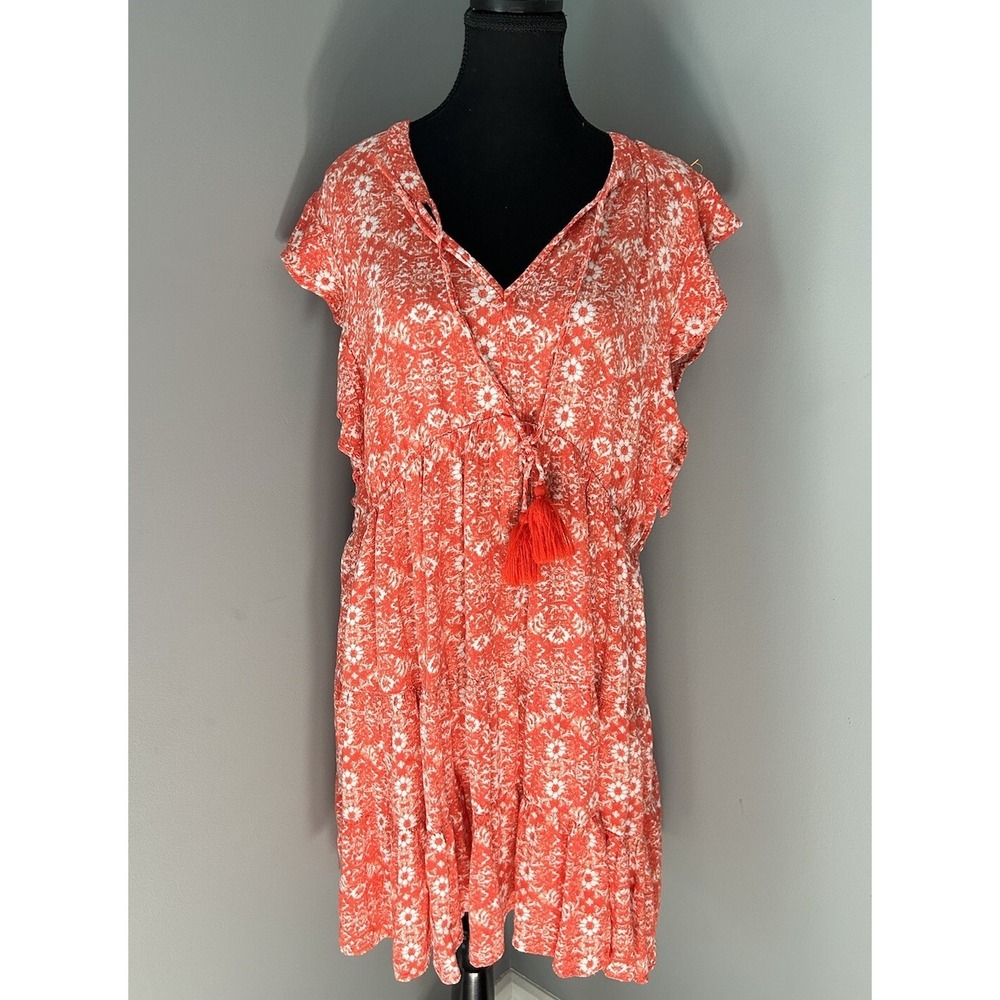 Ivy Women's Orange Floral Print Sleeveless Tiered Dress Tassle Danfles XL Flowy